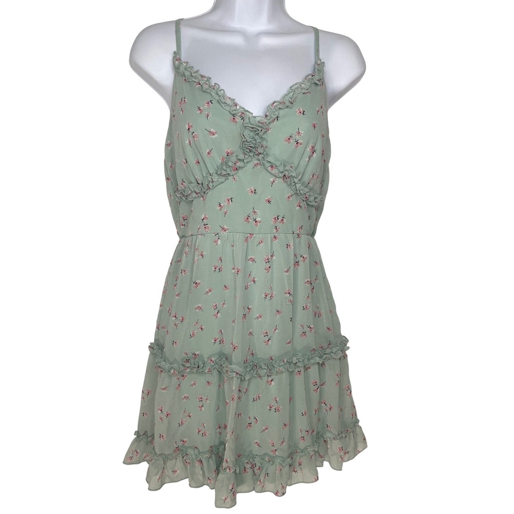 Liberty Love Women Mini Dress Floral Ruffle Tiered M Green Cottagecore Fairycore
